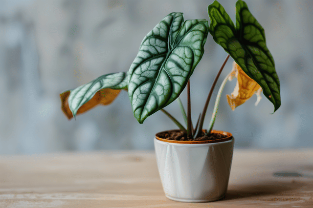 Alocasia Silver Dragon met gele bladeren Alocasia Silver Dragon met gele bladeren