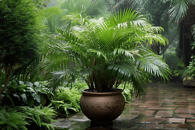 Areca Palm outside in the rain