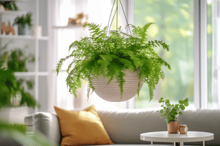 Hanging fern in a living room Hanging fern in a living room