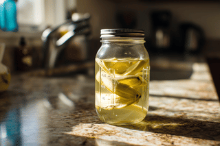 Fresh banana peels in a mason jar with water Fresh banana peels in a mason jar with water