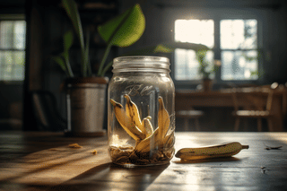 Banana peels in a glass jar with water Banana peels in a glass jar with water