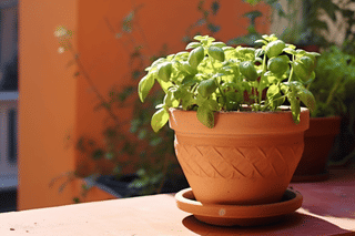 Basil growing outside in a terracotta pot Basil growing outside in a terracotta pot