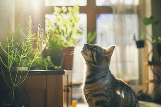 Cat looking up at plant Cat looking up at plant