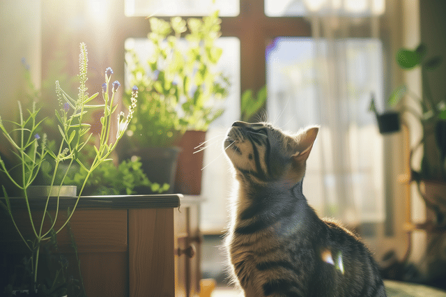 kat kijkt omhoog naar plant kat kijkt omhoog naar plant