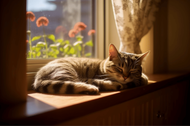 Kat slaapt in vensterbank Kat slaapt in vensterbank