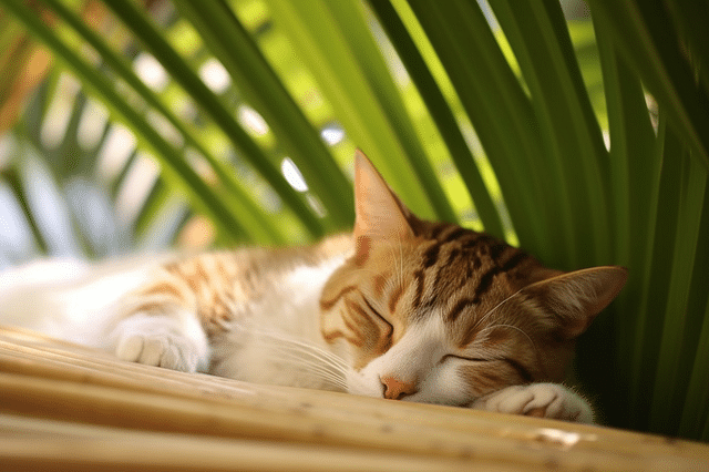 Cat sleeping next to an Areca Palm