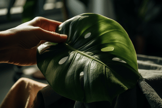 Cleaning a Monstera leaf with a microfibre cloth Cleaning a Monstera leaf with a microfibre cloth