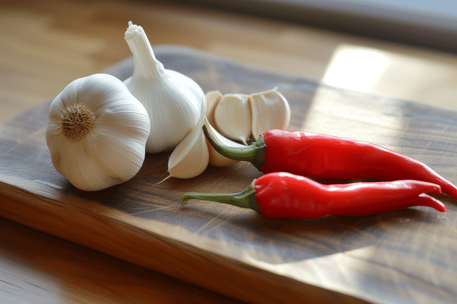 Knoflook en chilipepers op een snijplank Knoflook en chilipepers op een snijplank