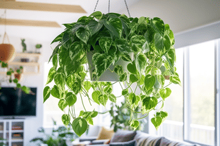Golden pothos hanging in a living room Golden pothos hanging in a living room
