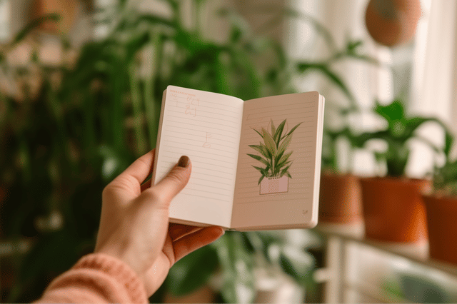 Hand die een kamerplant kalender vasthoudt Hand die een kamerplant kalender vasthoudt
