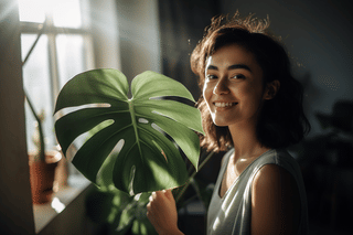 Happy plant owner holding a monstera cutting Happy plant owner holding a monstera cutting