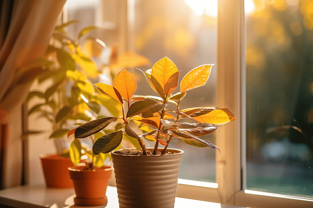 Kamerplanten in de vensterbank in de herfst Kamerplanten in de vensterbank in de herfst