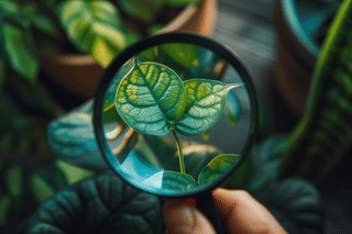 Checking a houseplant for problems with a magnifier Checking a houseplant for problems with a magnifier