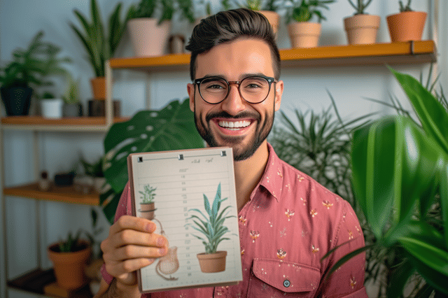 Man die kamerplant-kalender omhoog houdt Man die kamerplant-kalender omhoog houdt