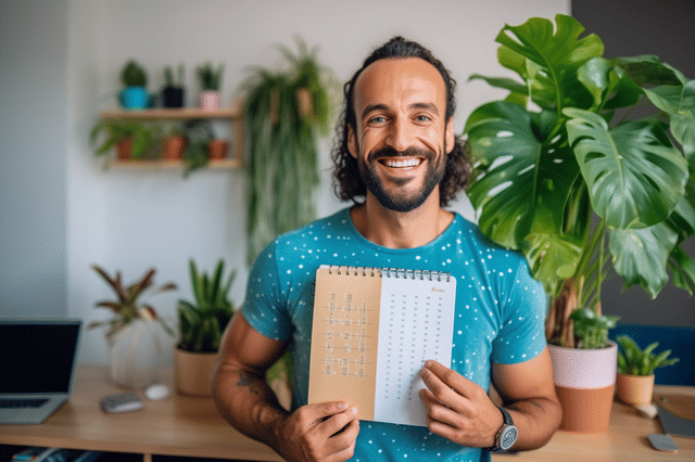 Man pronkt met kamerplant kalender Man pronkt met kamerplant kalender