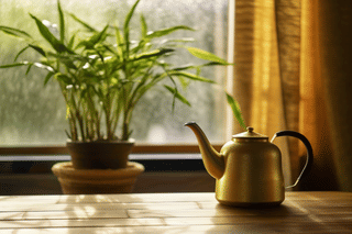 A modern watering can with bamboo in the background A modern watering can with bamboo in the background
