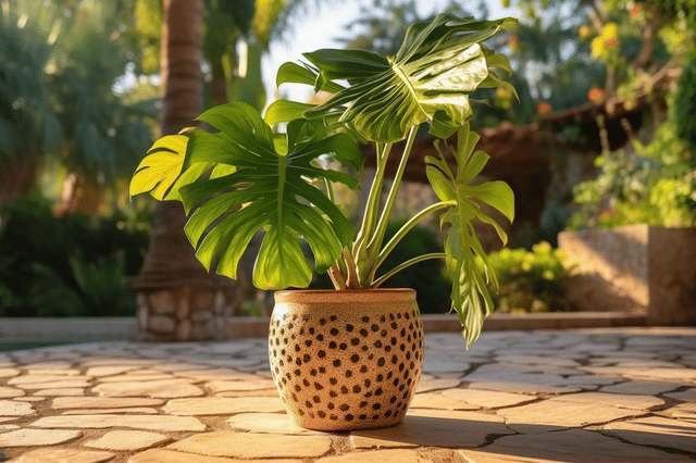 Monstera op een zonnige plek buiten Monstera op een zonnige plek buiten