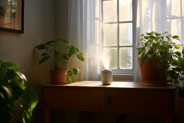 Luchtbevochtiger naast een Monstera Luchtbevochtiger naast een Monstera