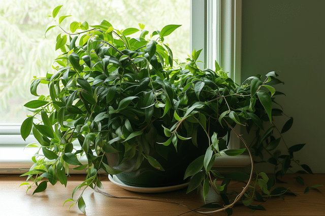 Overwoekerde kamerplant in vensterbank Overwoekerde kamerplant in vensterbank