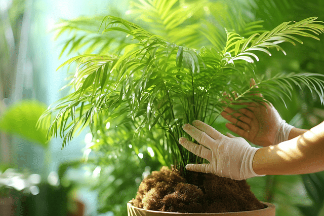 Salonpalm met mos bovenop de grond Salonpalm met mos bovenop de grond