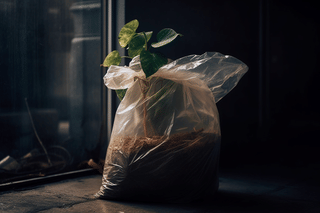 Plant inside of a trash bag Plant inside of a trash bag