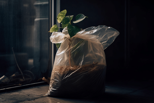 Plant inside of a trash bag