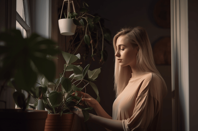 Plant-eigenaar controleert de plant in de pot Plant-eigenaar controleert de plant in de pot