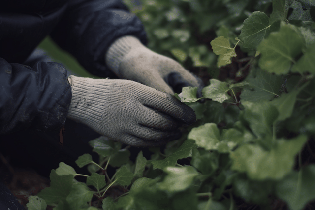 Een Hedera Helix snoeien terwijl je tuinhandschoenen draagt Een Hedera Helix snoeien terwijl je tuinhandschoenen draagt