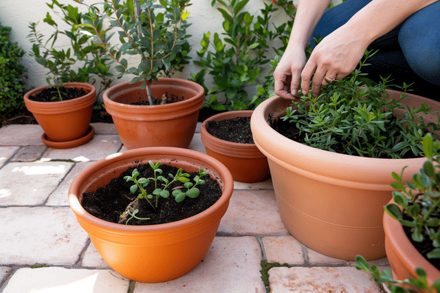 Planten verpotten op een terras Planten verpotten op een terras