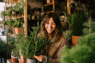 Smiling woman buying a pine tree Smiling woman buying a pine tree