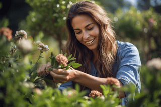 Smiling woman deadheading a flower Smiling woman deadheading a flower