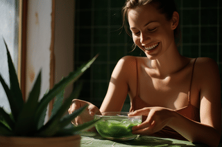 Smiling woman getting Aloe gel Smiling woman getting Aloe gel