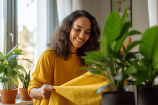 Smiling woman holding a microfibre cloth Smiling woman holding a microfibre cloth