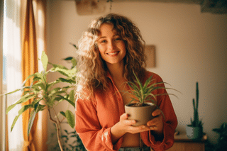 A smiling woman holding a propagated cutting in a pot A smiling woman holding a propagated cutting in a pot