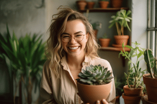 Smiling woman holding a succulent Smiling woman holding a succulent