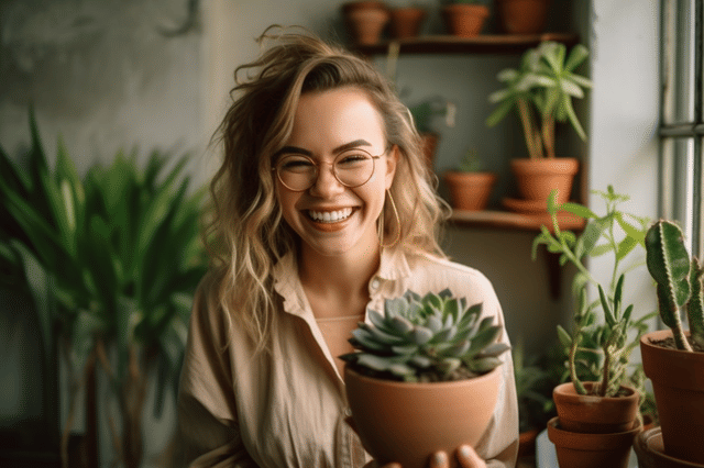 Lachende vrouw die een vetplant vasthoudt Lachende vrouw die een vetplant vasthoudt