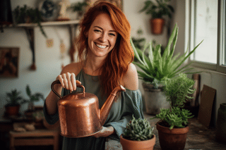 Smiling woman holding a watering can Smiling woman holding a watering can