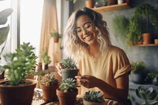 Smiling woman propagating a succulent Smiling woman propagating a succulent