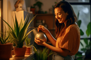 Smiling woman watering aloe vera Smiling woman watering aloe vera