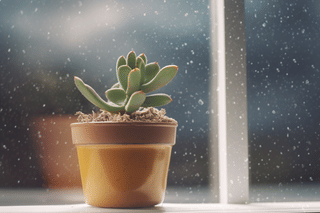 Succulent with snow outside of the window Succulent with snow outside of the window