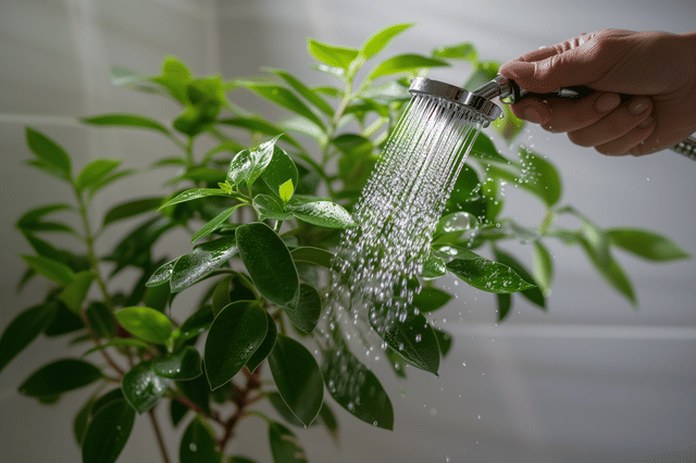 Waterstraal op een plant in de douche Waterstraal op een plant in de douche