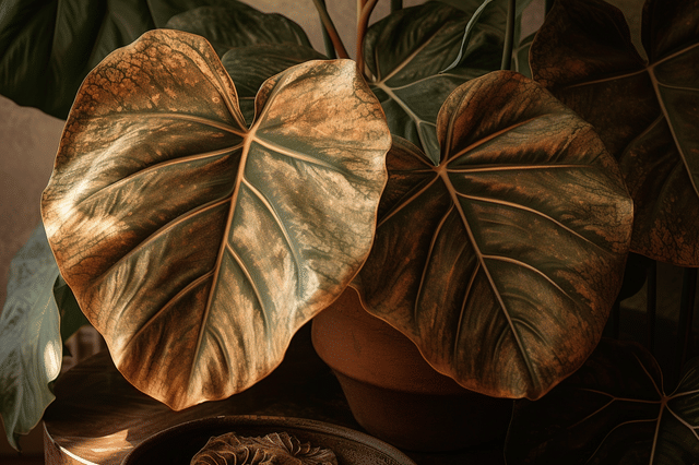 Verwelkte bladeren aan een Alocasia Verwelkte bladeren aan een Alocasia