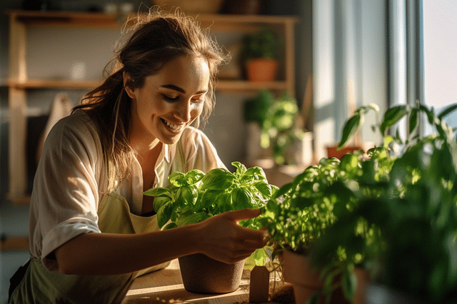 Mujer cuidando una planta de albahaca