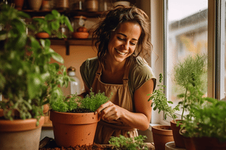 Woman growing herbs indoors Woman growing herbs indoors