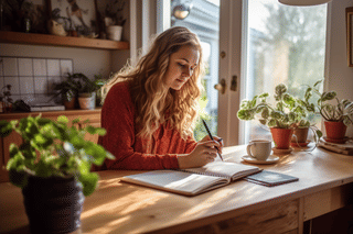 Woman taking notes to help her pet Woman taking notes to help her pet