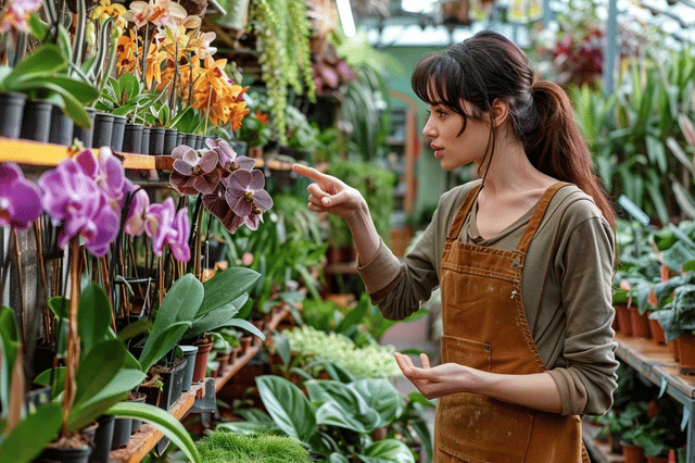 Vrouw wijst naar orchideeën Vrouw wijst naar orchideeën