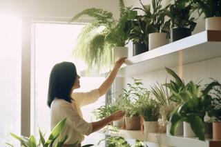 Woman putting plants on a shelf Woman putting plants on a shelf