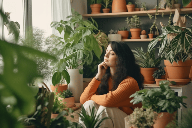 Vrouw probeert zich te herinneren wanneer ze voor het laatst planten heeft verzorgd Vrouw probeert zich te herinneren wanneer ze voor het laatst planten heeft verzorgd