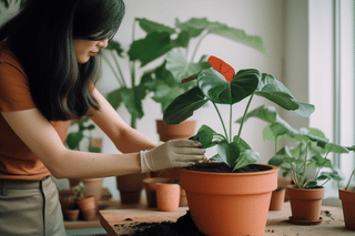 Woman repotting an Anthurium Woman repotting an Anthurium