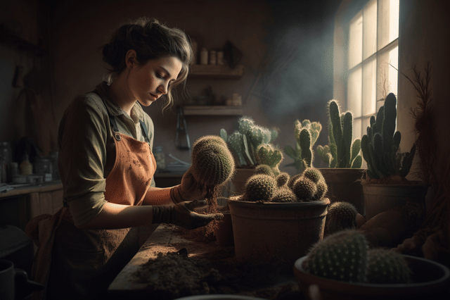 Vrouw die een cactus verpot Vrouw die een cactus verpot